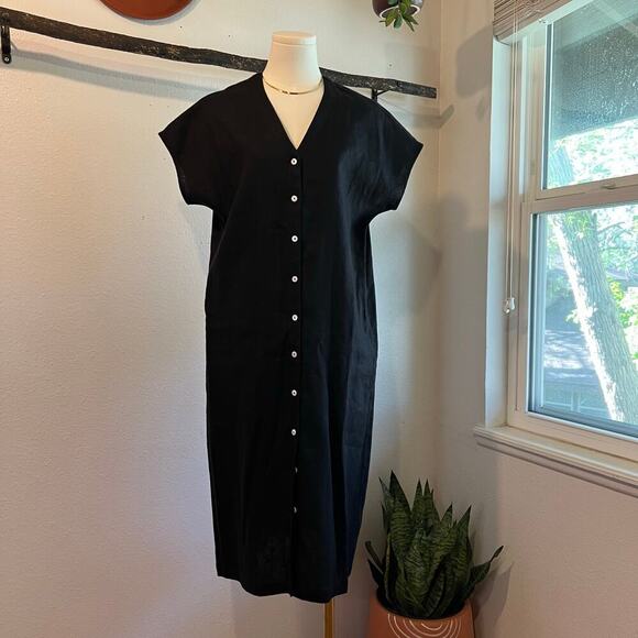 Two Days Off Kaneko Black Linen Button Front Cap Sleeve Midi Dress Size Medium - Picture 12 of 12